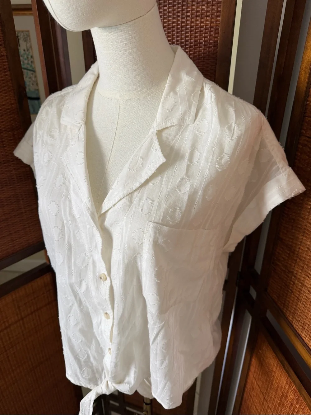 Anthropologie X Pilcro White Tie-Front Textured Camp Shirt M 100% Cotton